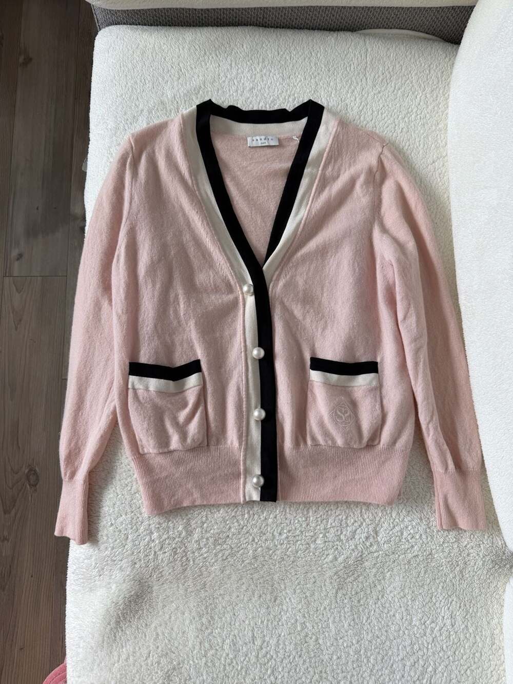 Sandro Paris Pink Wool & Cashmere Blandine Cardigan with Pearl Buttons - Picture 4 of 10